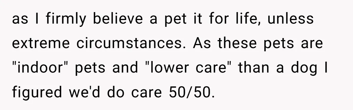 as I firmly believe a pet it for life, unless extreme circumstances. As these pets are "indoor" pets and "lower care" than a dog I figured we'd do care 50/50.