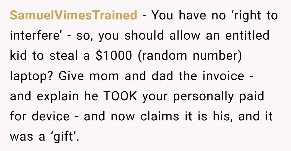 SamuelVimesTrained - You have no ‘right to interfere’ - so, you should allow an entitled kid to steal a $1000 (random number) laptop? Give mom and dad the invoice -...