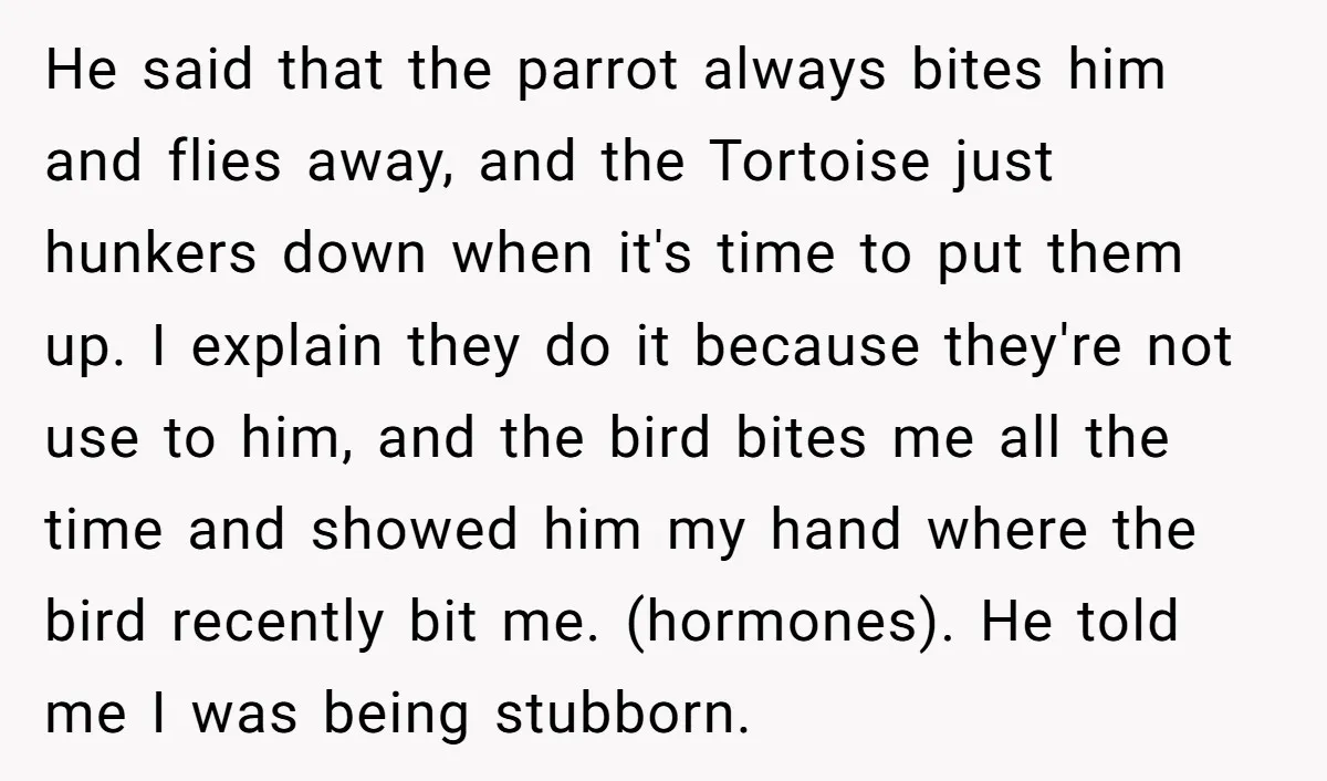 He said that the parrot always bites him and flies away, and the Tortoise just hunkers down when it's time to put them up. I explain they do it because...