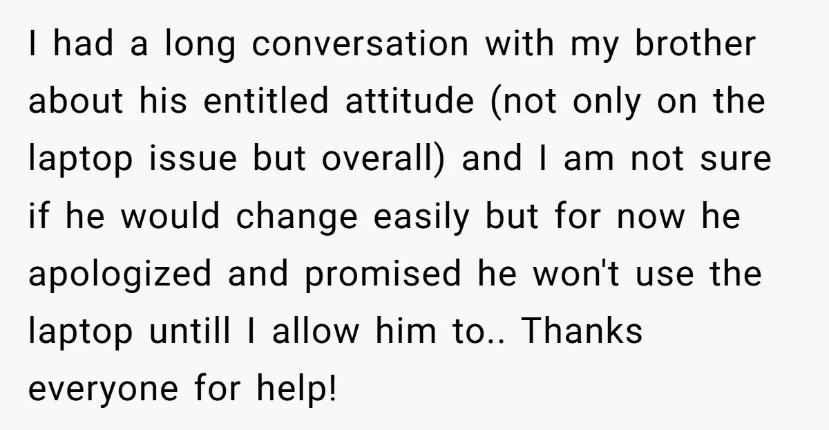 I had a long conversation with my brother about his entitled attitude (not only on the laptop issue but overall) and I am not sure if he would change easily...