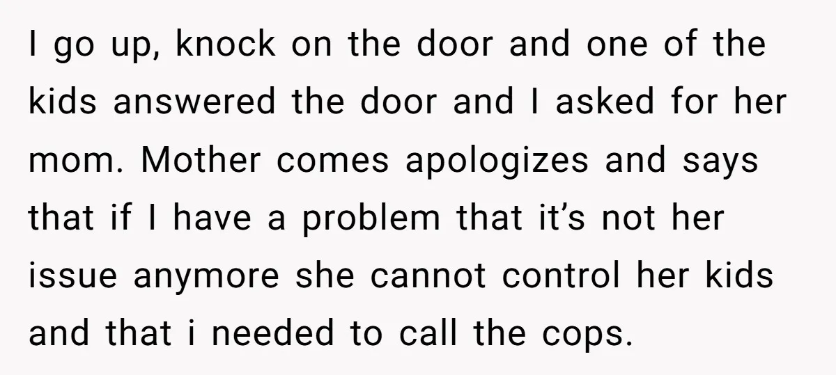 I go up, knock on the door and one of the kids answered the door and I asked for her mom. Mother comes apologizes and says that if I have...