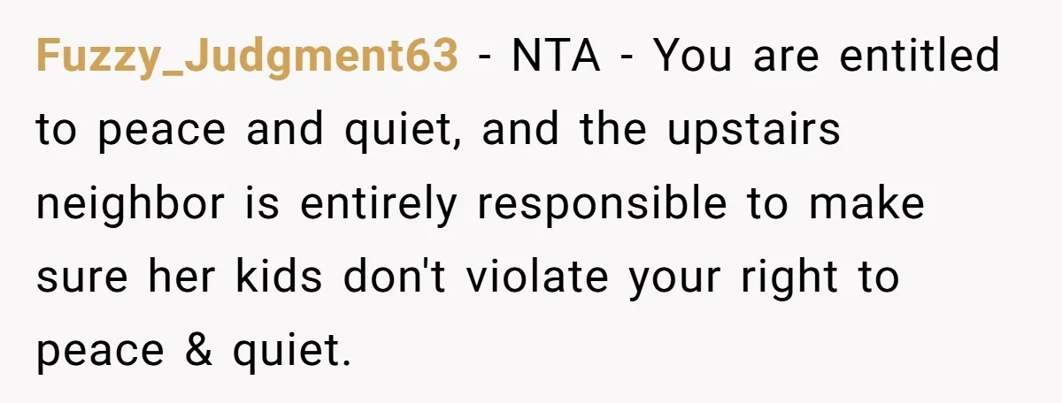 Fuzzy_Judgment63 − NTA - You are entitled to peace and quiet, and the upstairs neighbor is entirely responsible to make sure her kids don't violate your right to peace &...