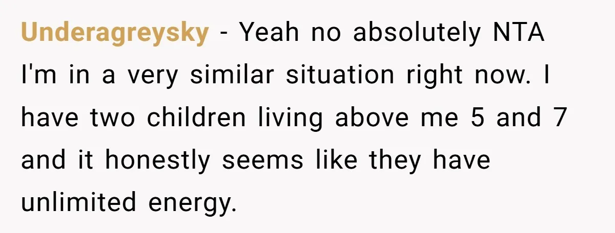 Underagreysky − Yeah no absolutely NTA I'm in a very similar situation right now. I have two children living above me 5 and 7 and it honestly seems like they...
