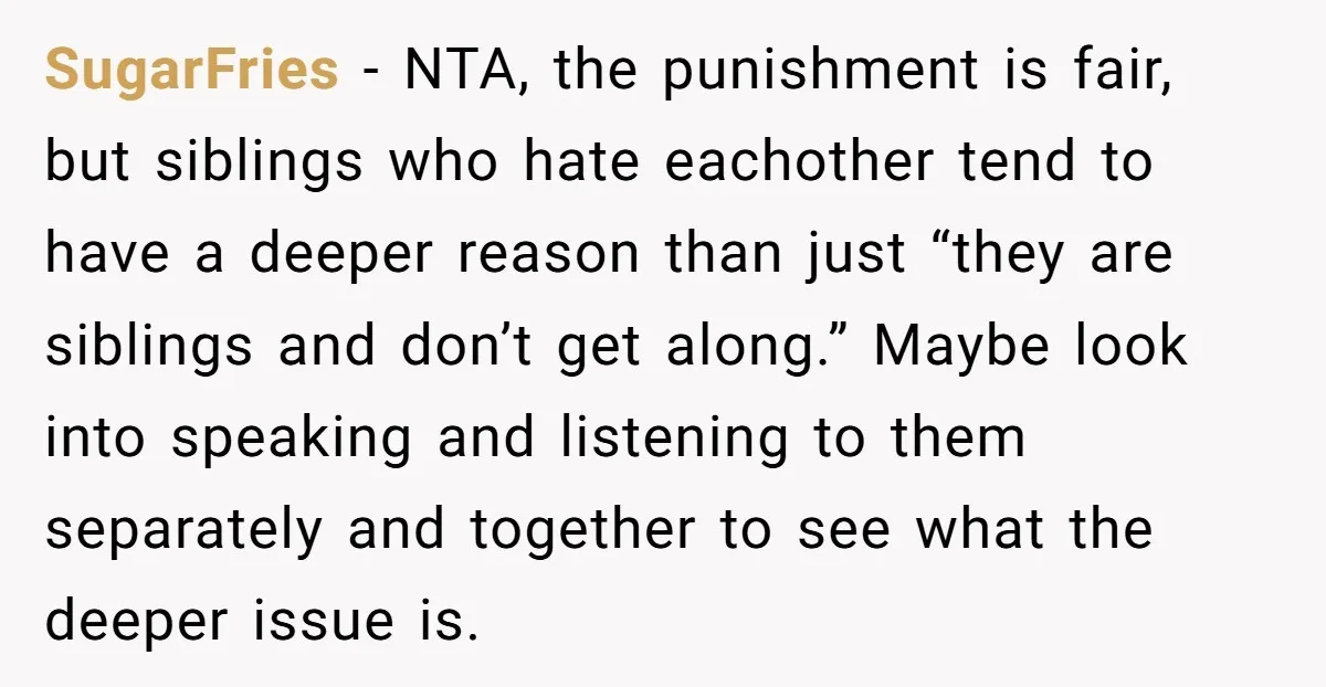 SugarFries - NTA, the punishment is fair, but siblings who hate eachother tend to have a deeper reason than just “they are siblings and don’t get along.” Maybe look into...