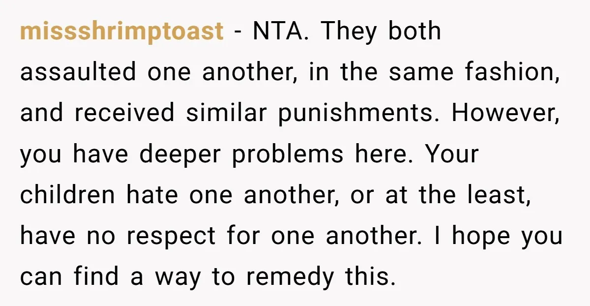 missshrimptoast - NTA. They both assaulted one another, in the same fashion, and received similar punishments. However, you have deeper problems here. Your children hate one another, or at the...
