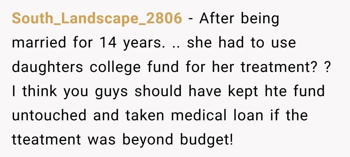 South_Landscape_2806 − After being married for 14 years. .. she had to use daughters college fund for her treatment? ? I think you guys should have kept hte fund untouched...