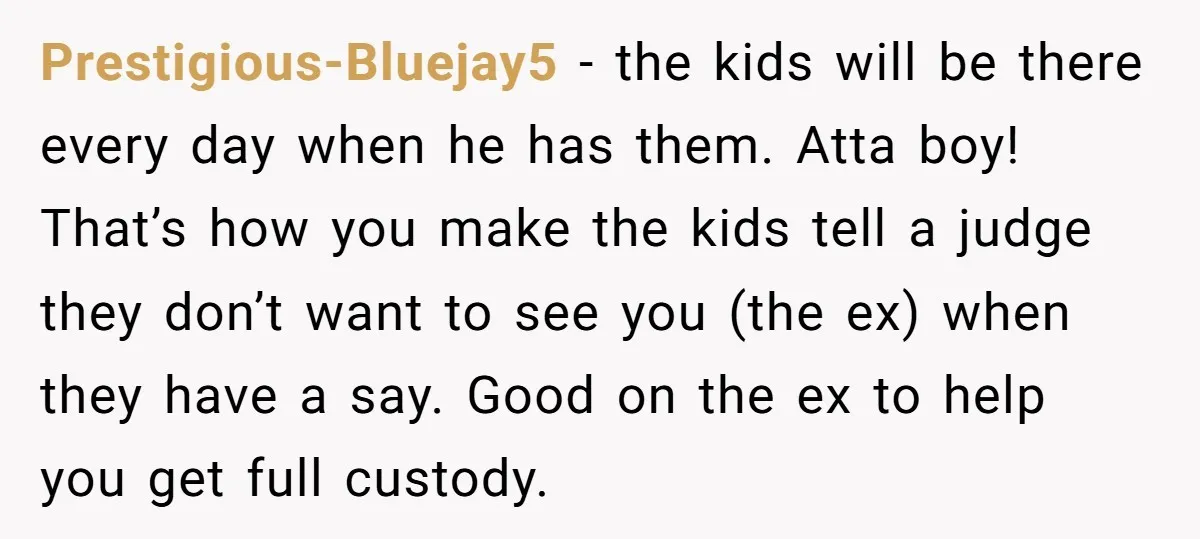 Prestigious-Bluejay5 - the kids will be there every day when he has them. Atta boy! That’s how you make the kids tell a judge they don’t want to see you...