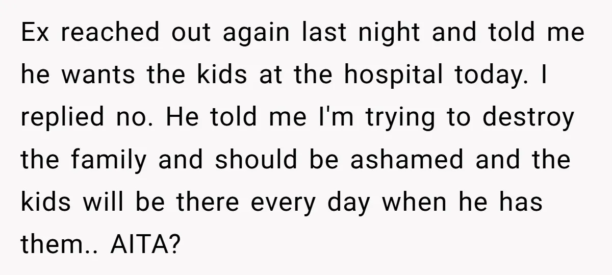 Ex reached out again last night and told me he wants the kids at the hospital today. I replied no. He told me I'm trying to destroy the family and...
