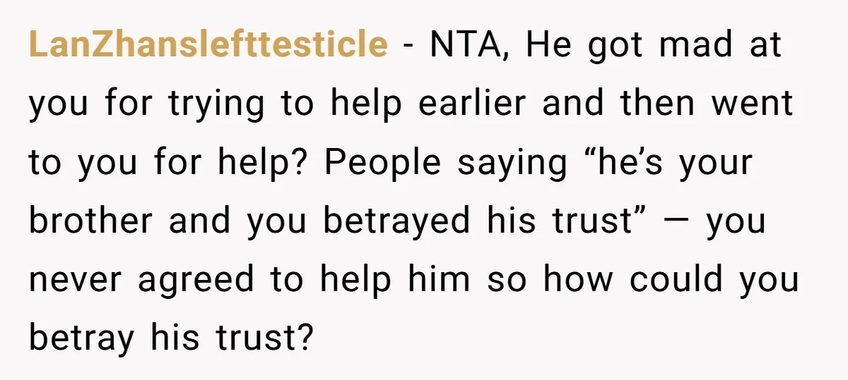 LanZhanslefttesticle - NTA, He got mad at you for trying to help earlier and then went to you for help? People saying “he’s your brother and you betrayed his trust”...