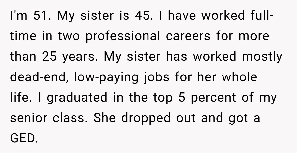 I'm 51. My sister is 45. I have worked full-time in two professional careers for more than 25 years. My sister has worked mostly dead-end, low-paying jobs for her whole...