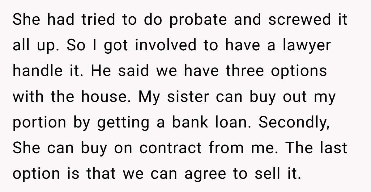 She had tried to do probate and screwed it all up. So I got involved to have a lawyer handle it. He said we have three options with the house....