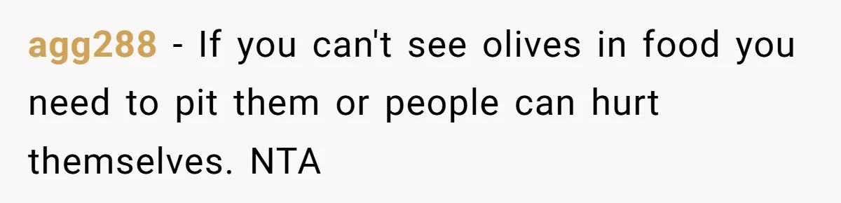 agg288 − If you can't see olives in food you need to pit them or people can hurt themselves. NTA