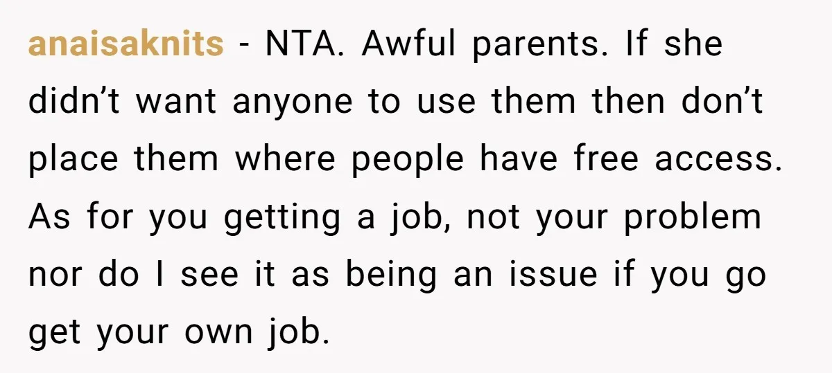 anaisaknits - NTA. Awful parents. If she didn’t want anyone to use them then don’t place them where people have free access. As for you getting a job, not your...