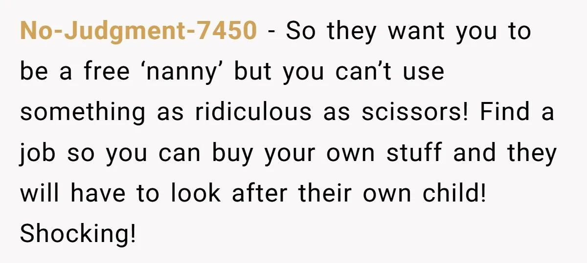 No-Judgment-7450 - So they want you to be a free ‘nanny’ but you can’t use something as ridiculous as scissors! Find a job so you can buy your own stuff...