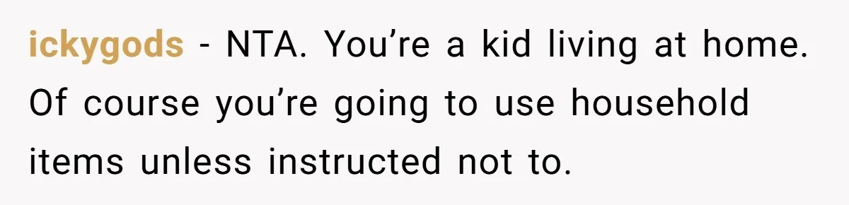 ickygods - NTA. You’re a kid living at home. Of course you’re going to use household items unless instructed not to.