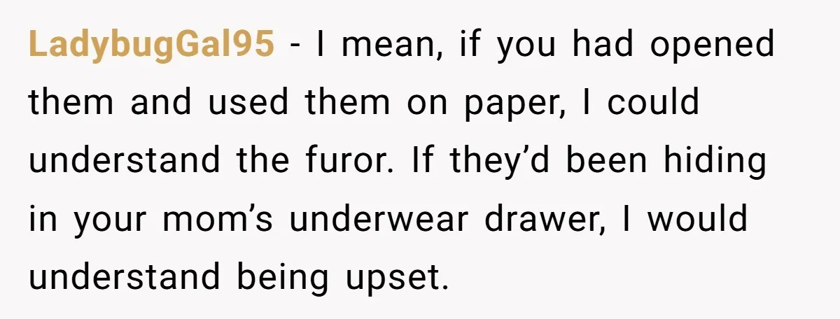 LadybugGal95 - I mean, if you had opened them and used them on paper, I could understand the furor. If they’d been hiding in your mom’s underwear drawer, I would...