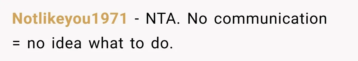 Notlikeyou1971 - NTA. No communication = no idea what to do.