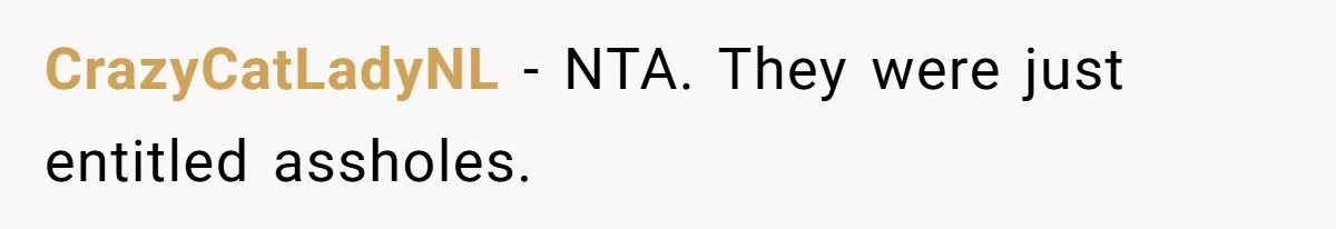CrazyCatLadyNL − NTA. They were just entitled assholes.