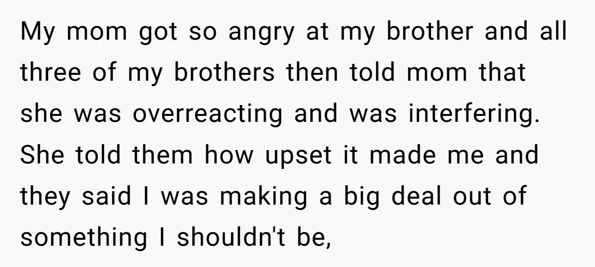 My mom got so angry at my brother and all three of my brothers then told mom that she was overreacting and was interfering. She told them how upset it...