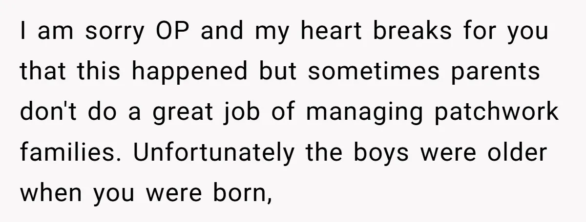 I am sorry OP and my heart breaks for you that this happened but sometimes parents don't do a great job of managing patchwork families. Unfortunately the boys were older...
