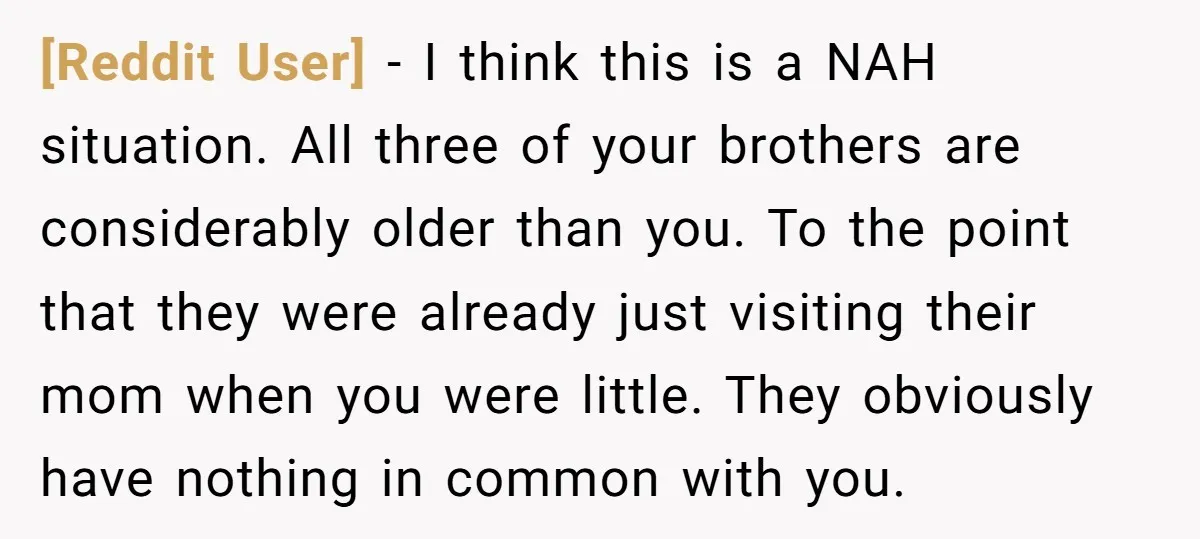 [Reddit User] − I think this is a NAH situation. All three of your brothers are considerably older than you. To the point that they were already just visiting their...