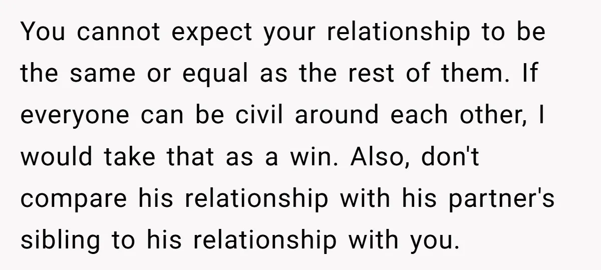 You cannot expect your relationship to be the same or equal as the rest of them. If everyone can be civil around each other, I would take that as a...