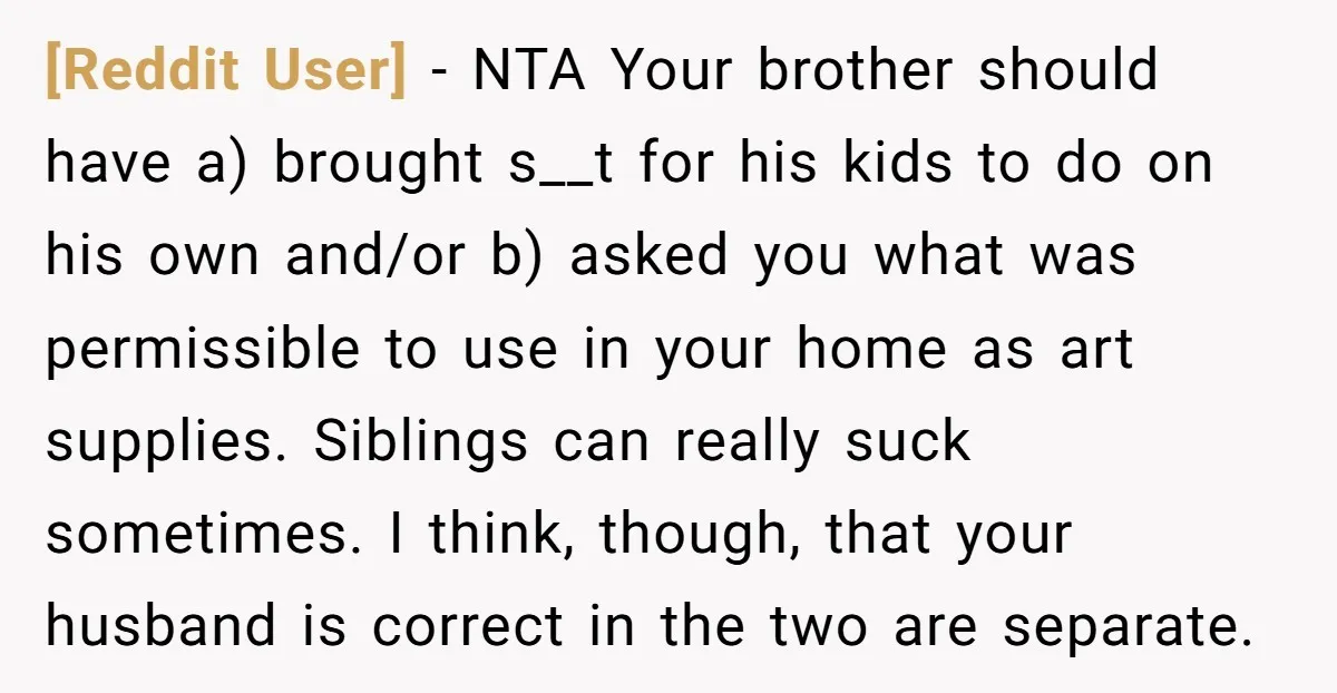 [Reddit User] − NTA Your brother should have a) brought s__t for his kids to do on his own and/or b) asked you what was permissible to use in your...