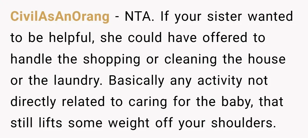CivilAsAnOrang − NTA. If your sister wanted to be helpful, she could have offered to handle the shopping or cleaning the house or the laundry. Basically any activity not directly...