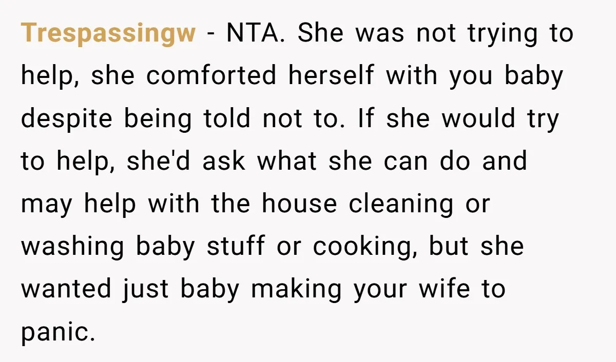 Trespassingw − NTA. She was not trying to help, she comforted herself with you baby despite being told not to. If she would try to help, she'd ask what she...