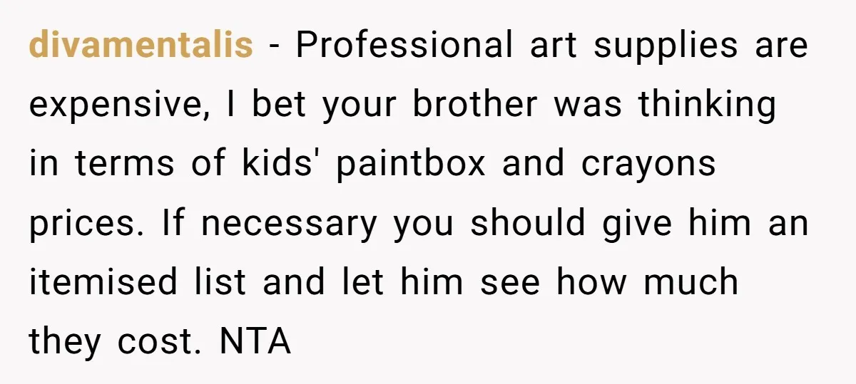divamentalis − Professional art supplies are expensive, I bet your brother was thinking in terms of kids' paintbox and crayons prices. If necessary you should give him an itemised list...