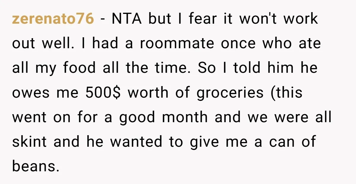 zerenato76 − NTA but I fear it won't work out well. I had a roommate once who ate all my food all the time. So I told him he owes...