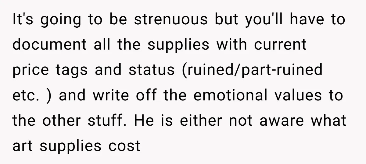 It's going to be strenuous but you'll have to document all the supplies with current price tags and status (ruined/part-ruined etc. ) and write off the emotional values to the...