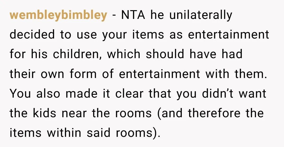 wembleybimbley − NTA he unilaterally decided to use your items as entertainment for his children, which should have had their own form of entertainment with them. You also made it...