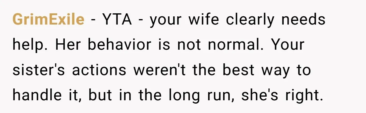 GrimExile − YTA - your wife clearly needs help. Her behavior is not normal. Your sister's actions weren't the best way to handle it, but in the long run, she's...