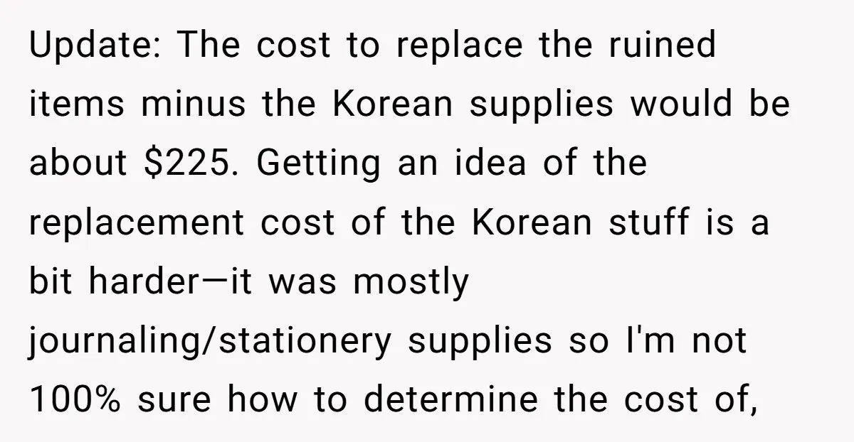 Update: The cost to replace the ruined items minus the Korean supplies would be about $225. Getting an idea of the replacement cost of the Korean stuff is a bit...