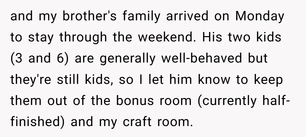 and my brother's family arrived on Monday to stay through the weekend. His two kids (3 and 6) are generally well-behaved but they're still kids, so I let him know...