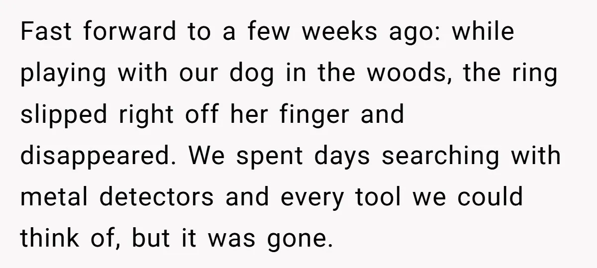 Fast forward to a few weeks ago: while playing with our dog in the woods, the ring slipped right off her finger and disappeared. We spent days searching with metal...