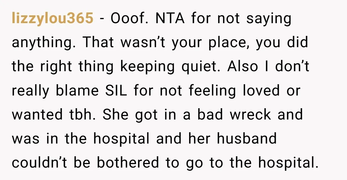 lizzylou365 − Ooof. NTA for not saying anything. That wasn’t your place, you did the right thing keeping quiet. Also I don’t really blame SIL for not feeling loved or...