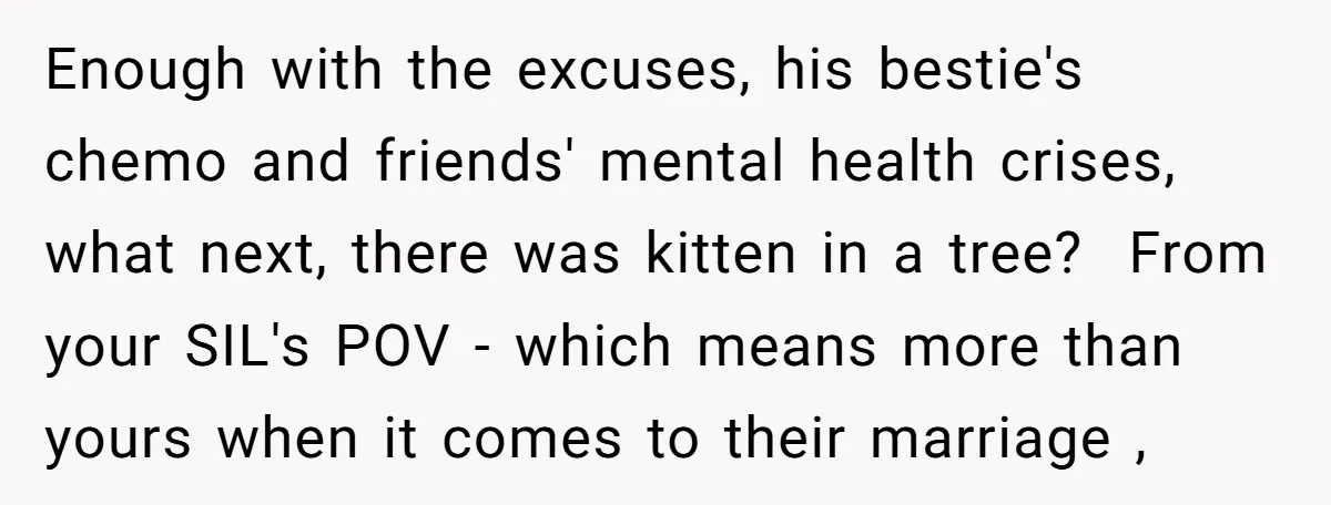 Enough with the excuses, his bestie's chemo and friends' mental health crises, what next, there was kitten in a tree? From your SIL's POV - which means more than yours...