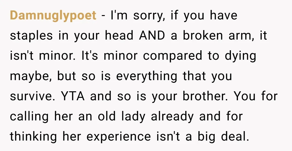 Damnuglypoet − I'm sorry, if you have staples in your head AND a broken arm, it isn't minor. It's minor compared to dying maybe, but so is everything that you...
