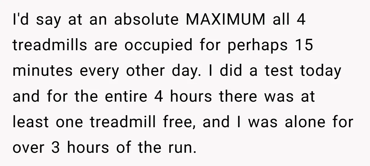 I'd say at an absolute MAXIMUM all 4 treadmills are occupied for perhaps 15 minutes every other day. I did a test today and for the entire 4 hours there...