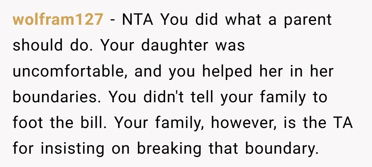 wolfram127 − NTA You did what a parent should do. Your daughter was uncomfortable, and you helped her in her boundaries. You didn't tell your family to foot the bill....