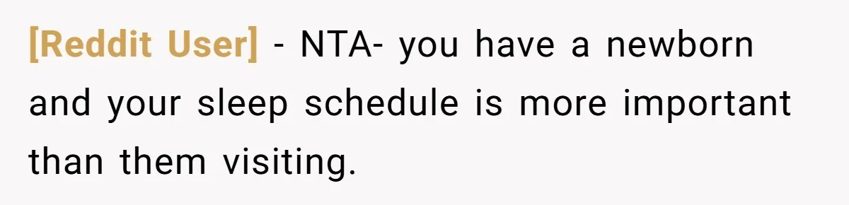 [Reddit User] − NTA- you have a newborn and your sleep schedule is more important than them visiting.