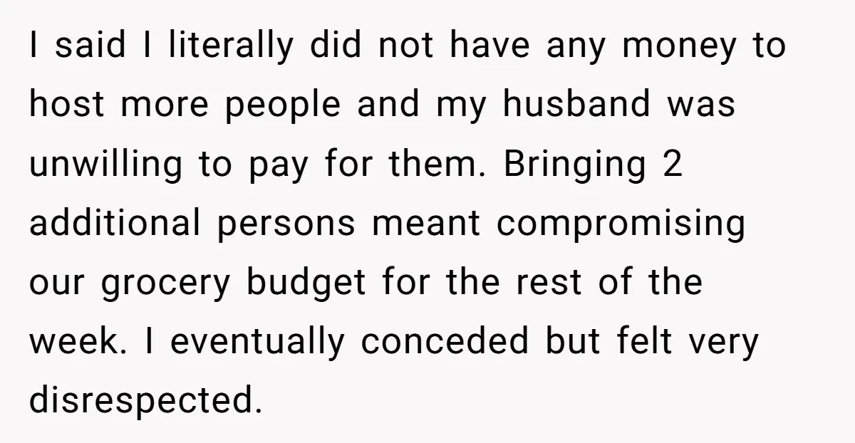 I said I literally did not have any money to host more people and my husband was unwilling to pay for them. Bringing 2 additional persons meant compromising our grocery...