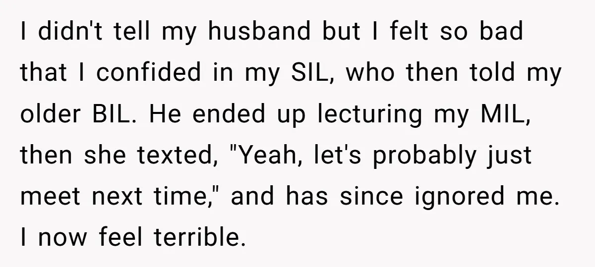I didn't tell my husband but I felt so bad that I confided in my SIL, who then told my older BIL. He ended up lecturing my MIL, then she...