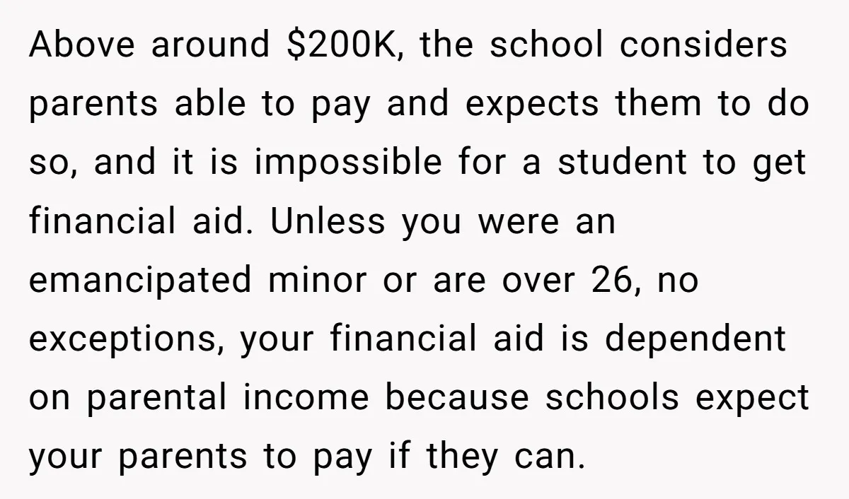 Above around $200K, the school considers parents able to pay and expects them to do so, and it is impossible for a student to get financial aid. Unless you were...