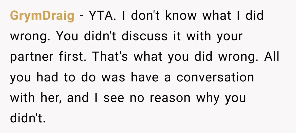 GrymDraig − YTA. I don't know what I did wrong. You didn't discuss it with your partner first. That's what you did wrong. All you had to do was have...
