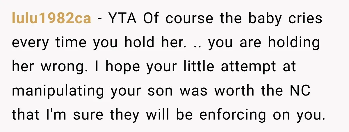 lulu1982ca − YTA Of course the baby cries every time you hold her. .. you are holding her wrong. I hope your little attempt at manipulating your son was worth...