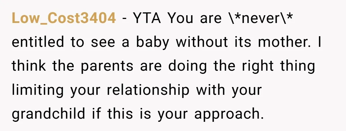 Low_Cost3404 − YTA You are \*never\* entitled to see a baby without its mother. I think the parents are doing the right thing limiting your relationship with your grandchild if...