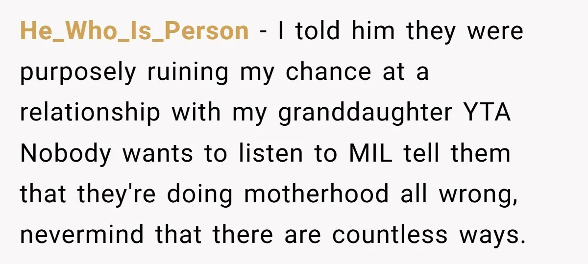 He_Who_Is_Person − I told him they were purposely ruining my chance at a relationship with my granddaughter YTA Nobody wants to listen to MIL tell them that they're doing motherhood...